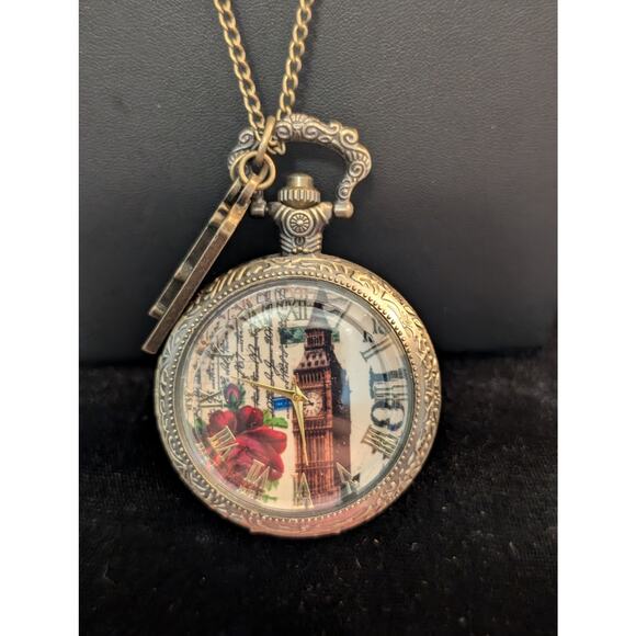 Paris Antiqued Bronze Retro VTG Style Steampunk Quartz Open Face Charm Necklace - Picture 2 of 6